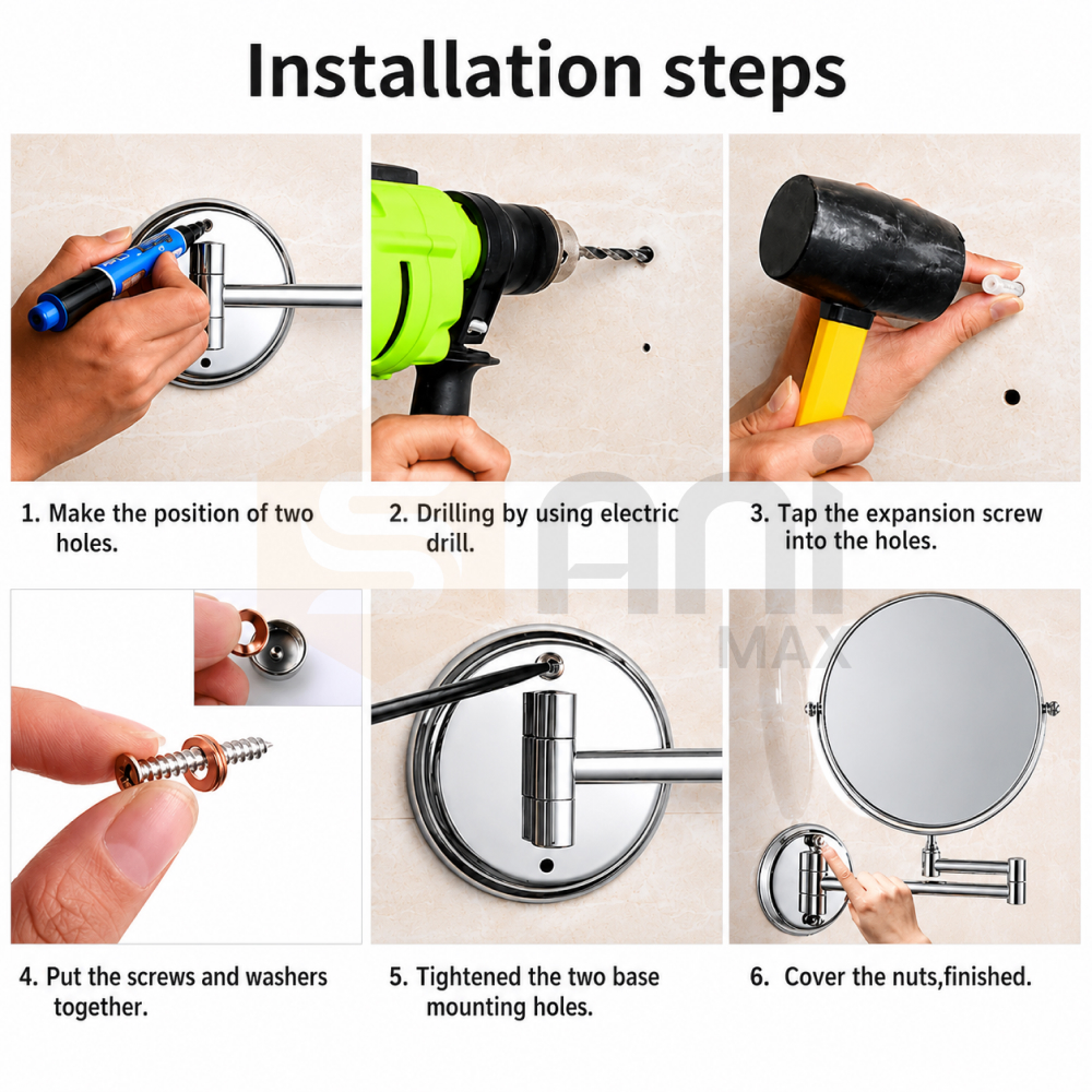 Wall-Mounted Magnifying Mirror | 5x Magnification | 360° Rotation