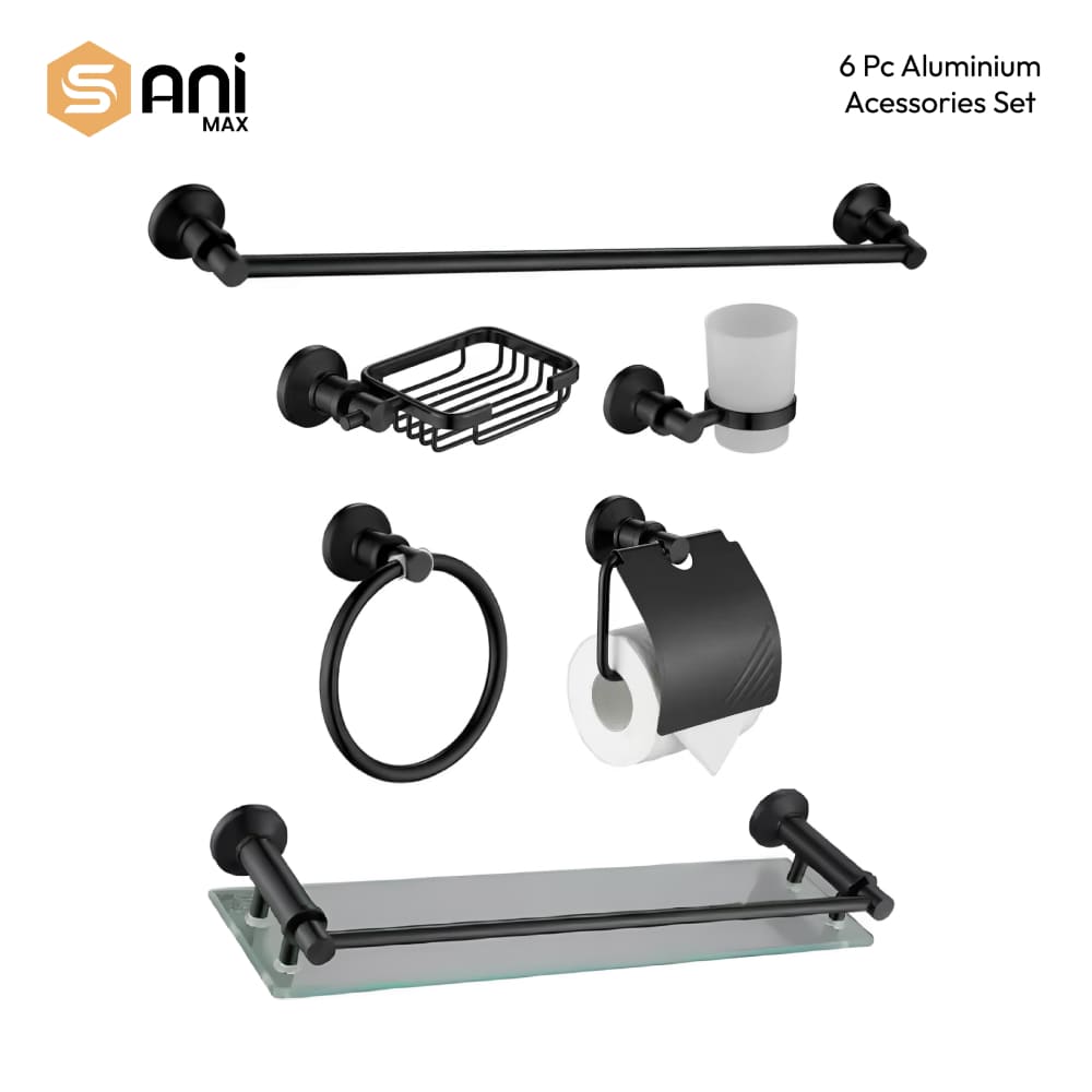 6pc Bathroom Acessories Set | Scratchless Aluminium | Silver - Black