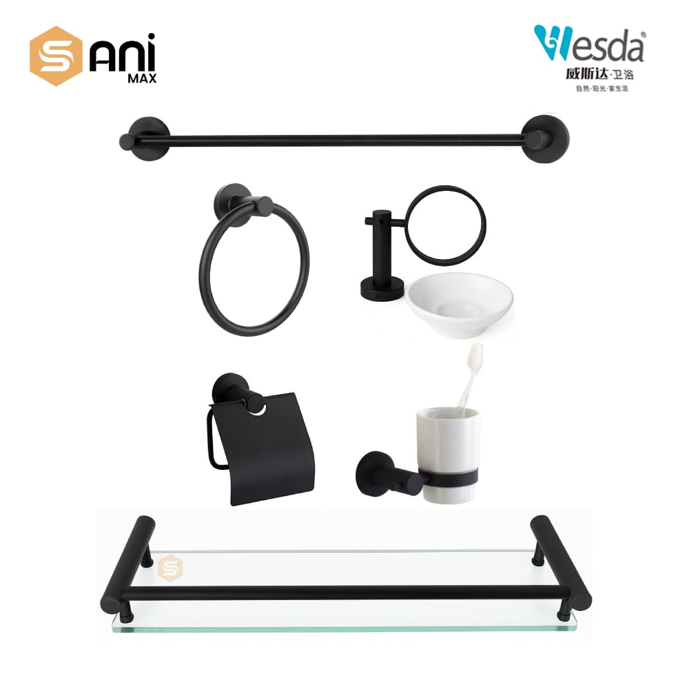 Wesda 6-Piece Luxury Bathroom Accessories Set | Matte Black & Chrome Finish | Stainless Steel 304