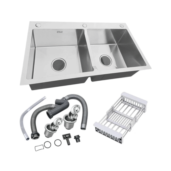 Handmade Stainless Steel Kitchen Sink | Double Bowl with Drains & Rinse Basket | 7843 - 8245