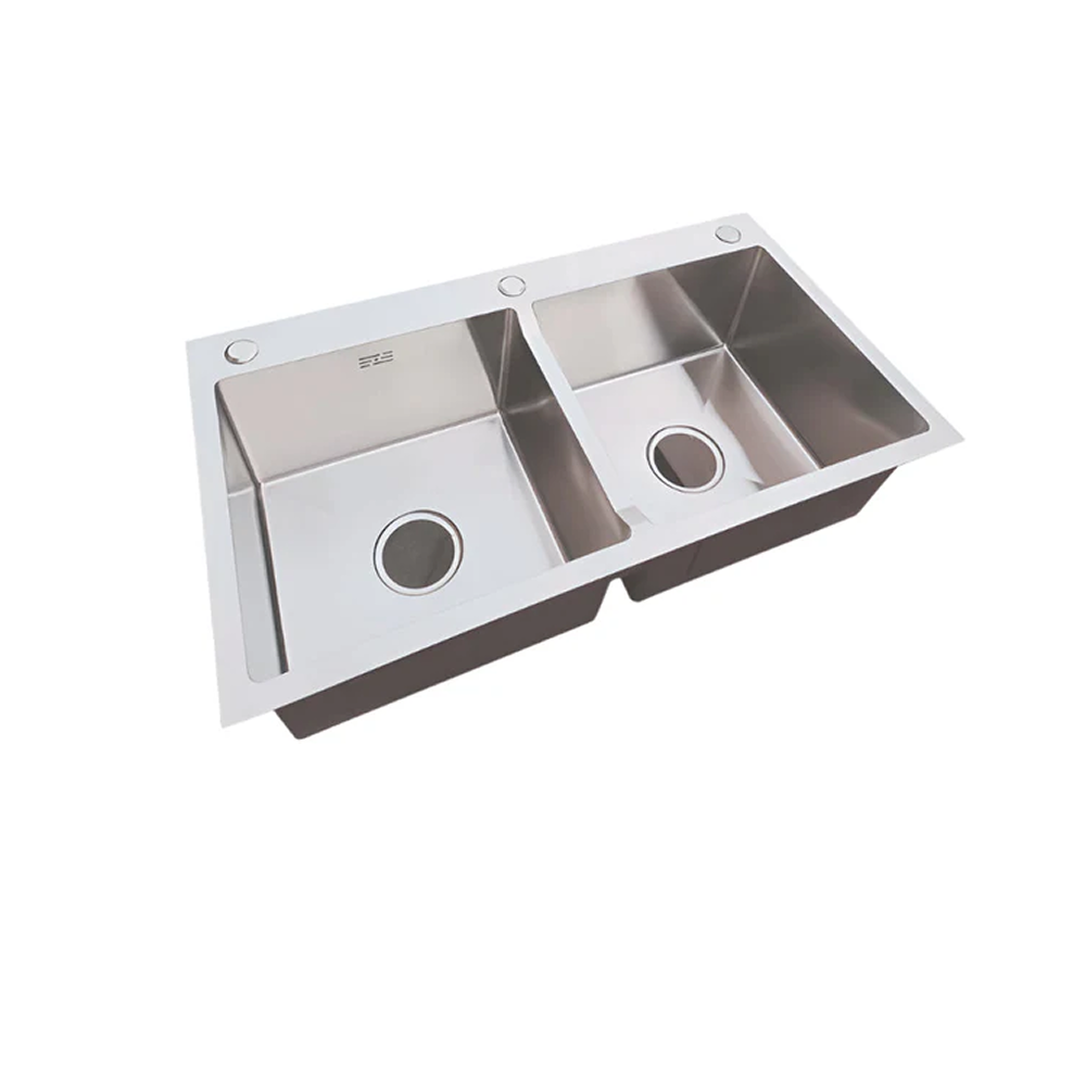 Handmade Stainless Steel Kitchen Sink | Double Bowl with Drains & Rinse Basket | 7843 - 8245