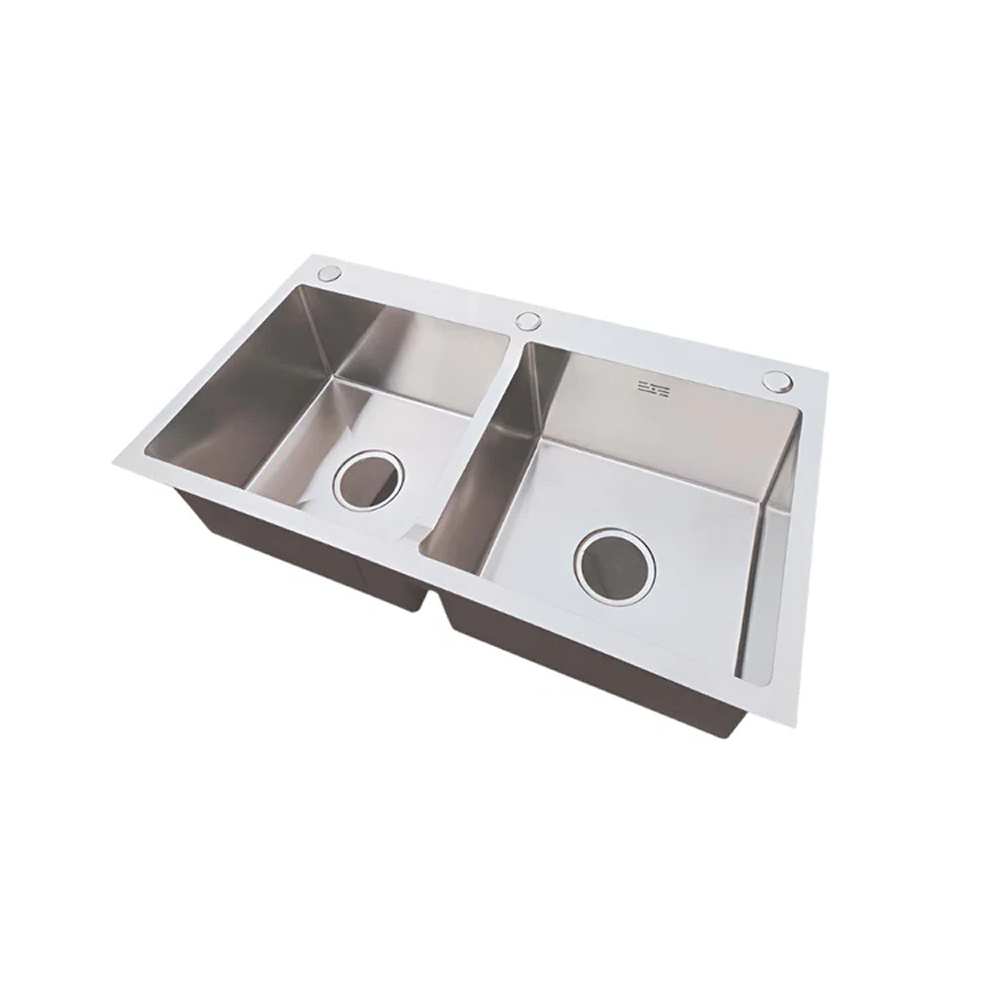 Handmade Stainless Steel Kitchen Sink | Double Bowl with Drains & Rinse Basket | 7843 - 8245