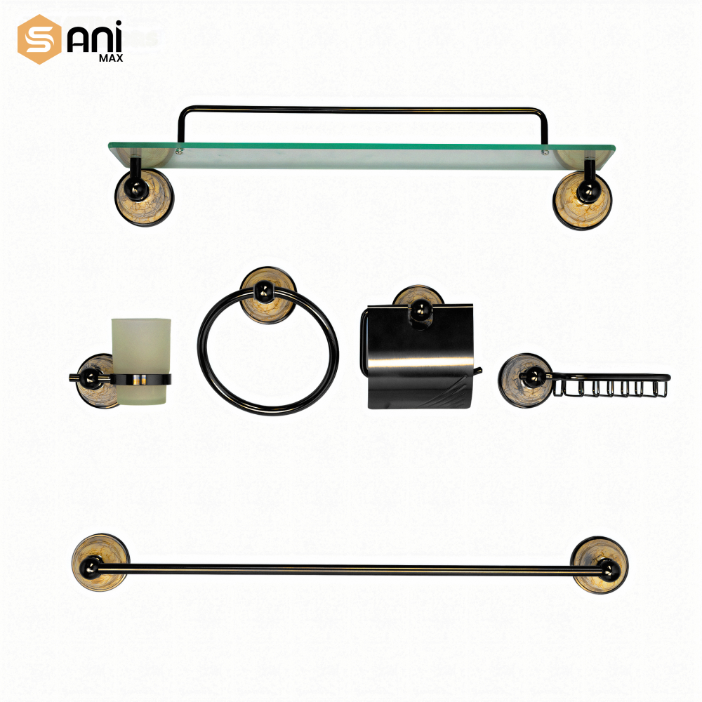 6-Pieces Bathroom Accessories Set | Scratchless Aluminum Marble | Black Finish