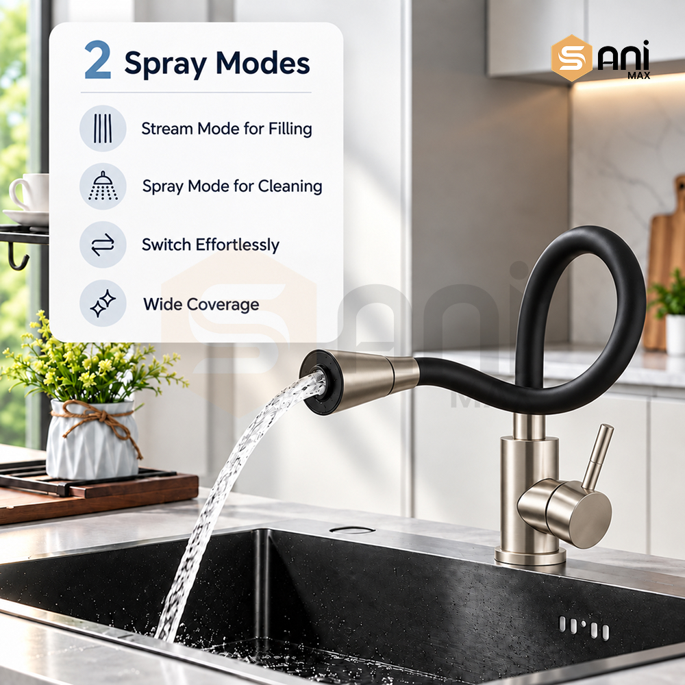 Flexible Neck Kitchen Sink Mixer | Dual Spray Modes | Deck Mounted